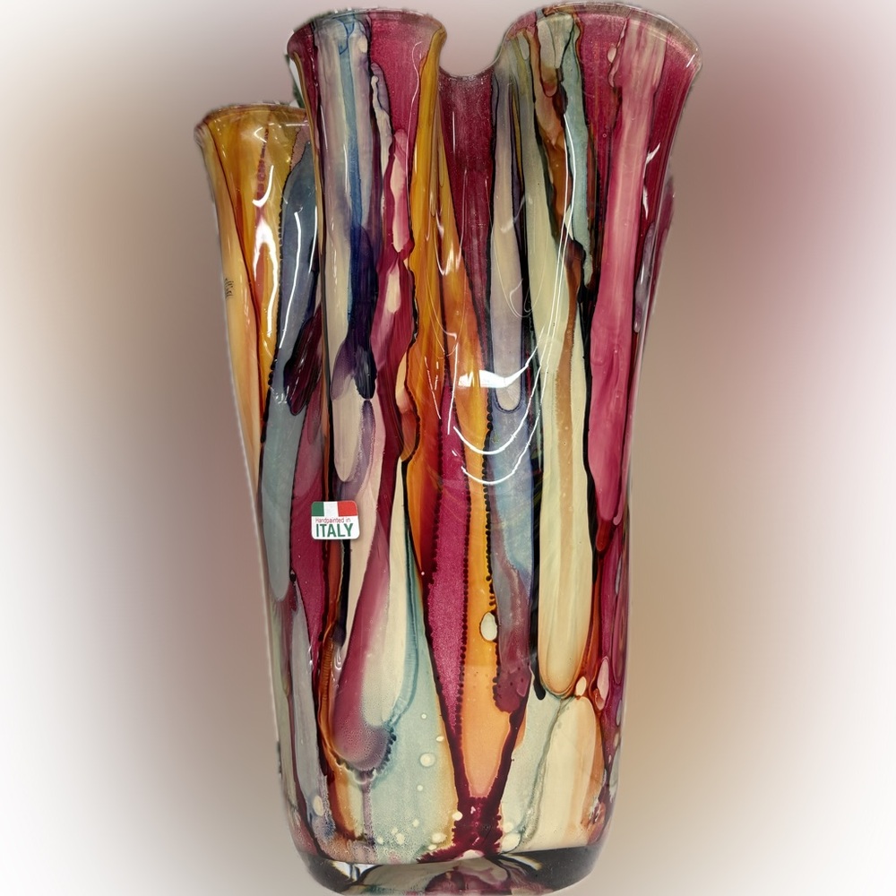Vintage Italian Hand Blown Handkerchief Multi-Color Murano Style Art Glass Vase